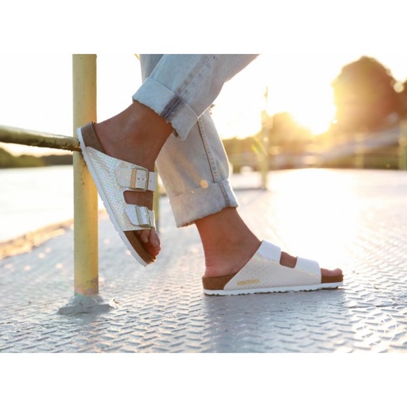 Birkenstock | Shoes | New Birkenstock Arizona Birkoflor Shiny Snake Cream  Sandals | Poshmark